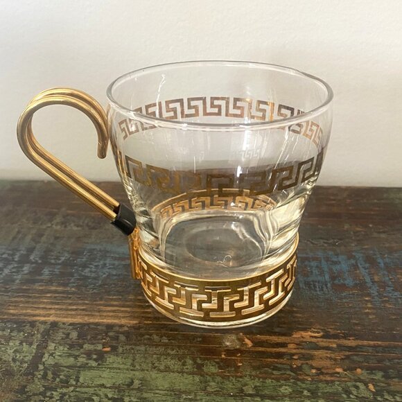 Set of 4 Vintage Libbey Glass Mugs with Gold Greek Key Design and Metal Handle - Picture 1 of 11